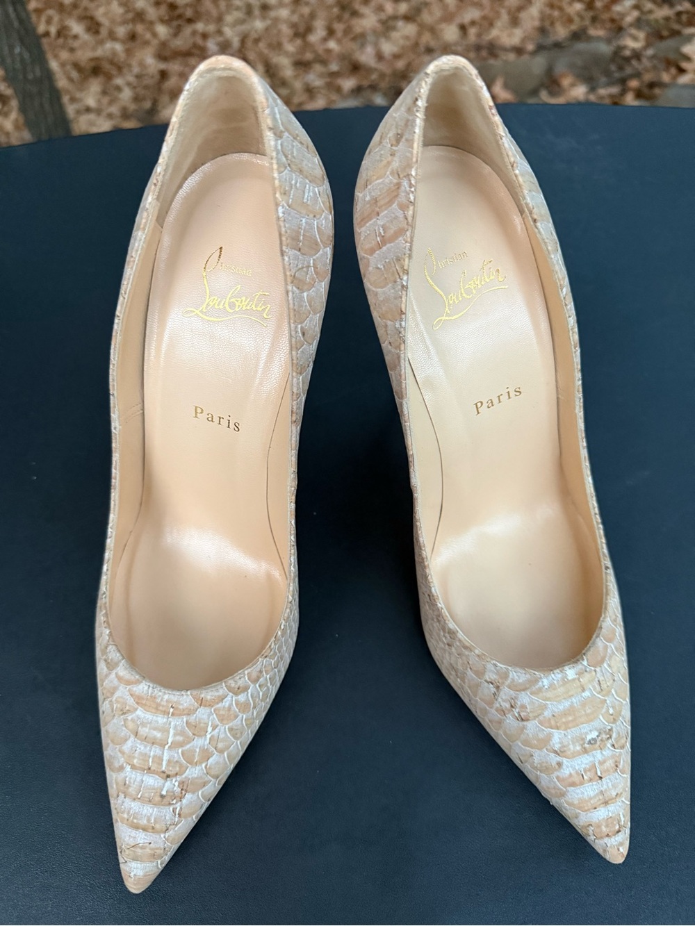 Christian Louboutin Neutral Snakeskin Pointed-Toe Pumps